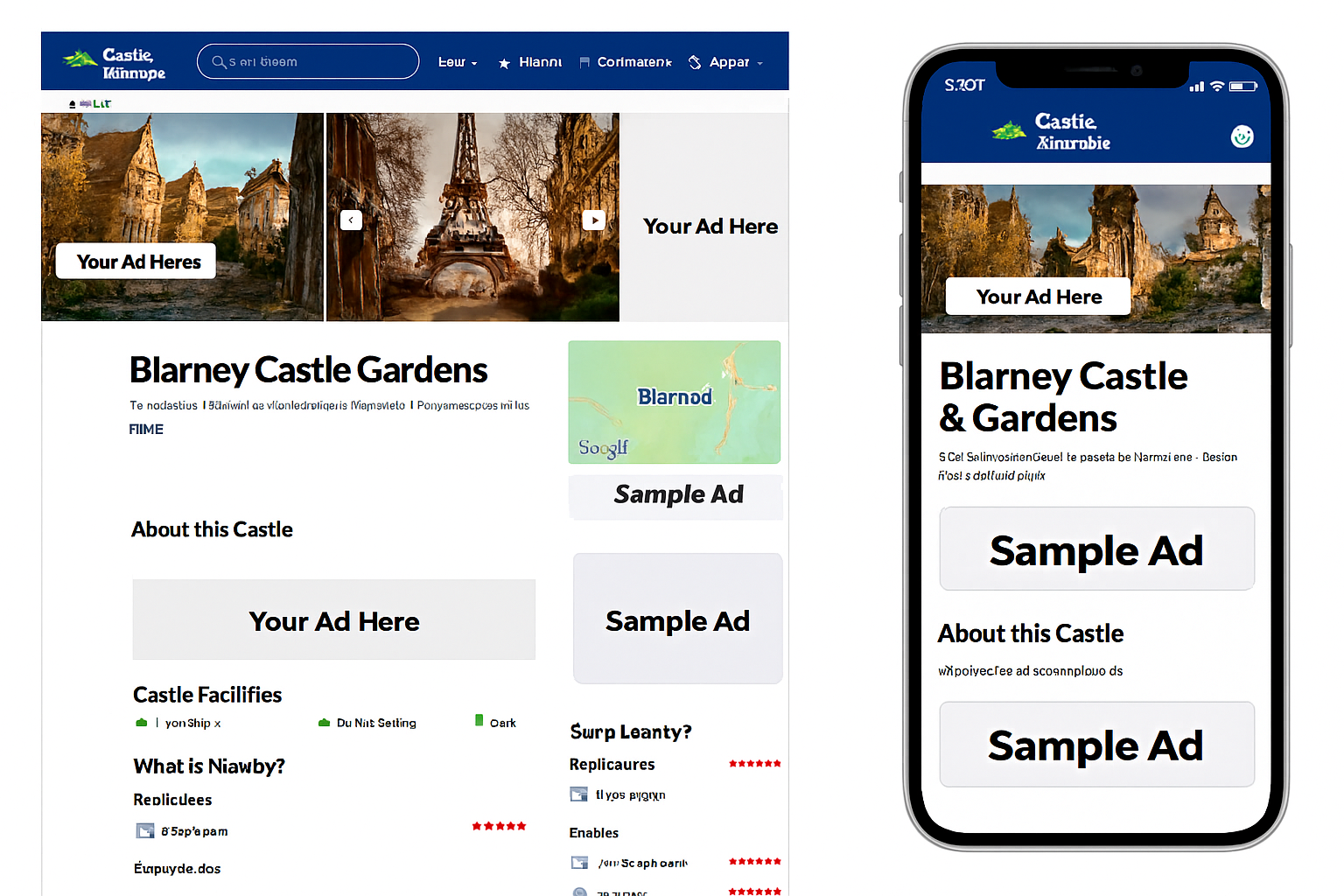 Sample ad placements on CastleTravels.com (desktop and mobile views)