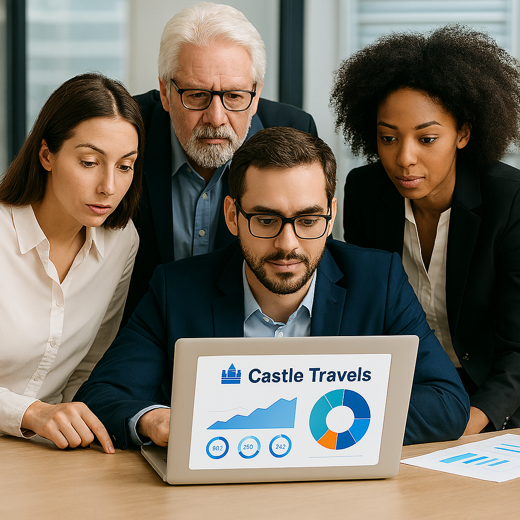 Business team reviewing campaign data on laptop